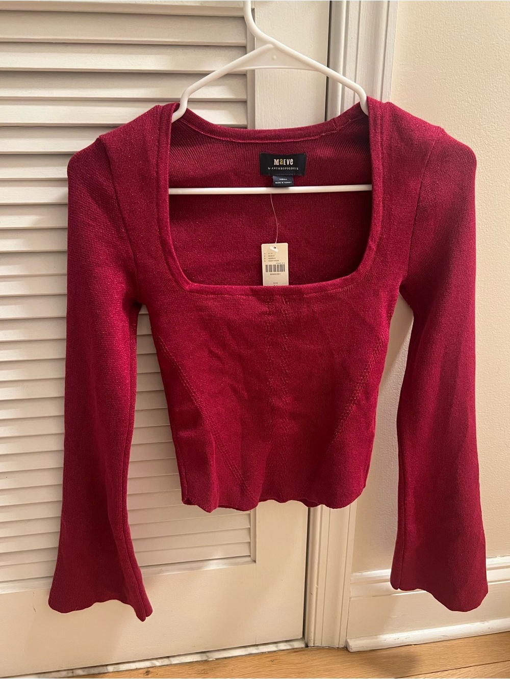Anthropologie Maeve Raspberry Red Square-Neck Long Sleeve Top